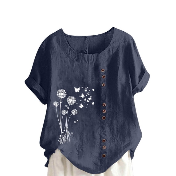 Cmfcve Summer Oversize Tops for Women Short Sleeve Round Neck Blouse Daisy Printed Button Tee Shirt Cotton Linen Loose Fit Summer Shirt