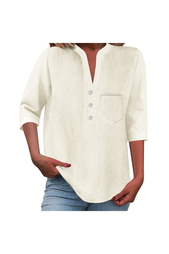 Summer Plus Size Gauze Tops for Women Short Sleeve V-Neck Henley Blouse 3/4 Length Sleeve Buttons T-Shirt with Pockets