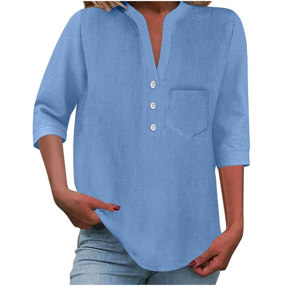 Cmfcve Summer Plus Size Gauze Tops for Women Short Sleeve V-Neck Henley Blouse 3/4 Length Sleeve Buttons T-Shirt with Pockets
