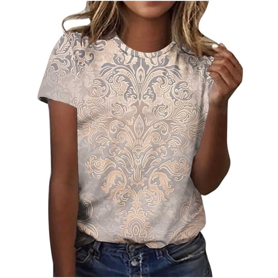 Cmfcve Summer Shirts for Women Round Neck Button Tunic Blouse Short Sleeves Printed Beach Tee Shirt
