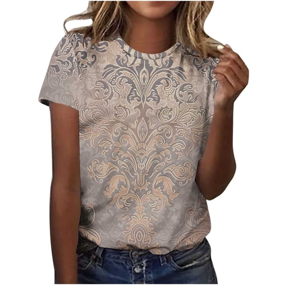 Cmfcve Summer Shirts for Women Round Neck Button Tunic Blouse Short Sleeves Printed Beach Tee Shirt
