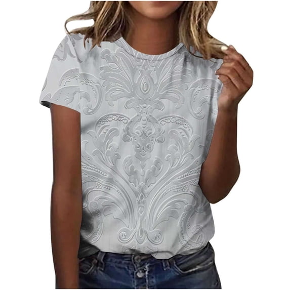Cmfcve Summer Shirts for Women Round Neck Button Tunic Blouse Short Sleeves Printed Vacation Tee Shirt