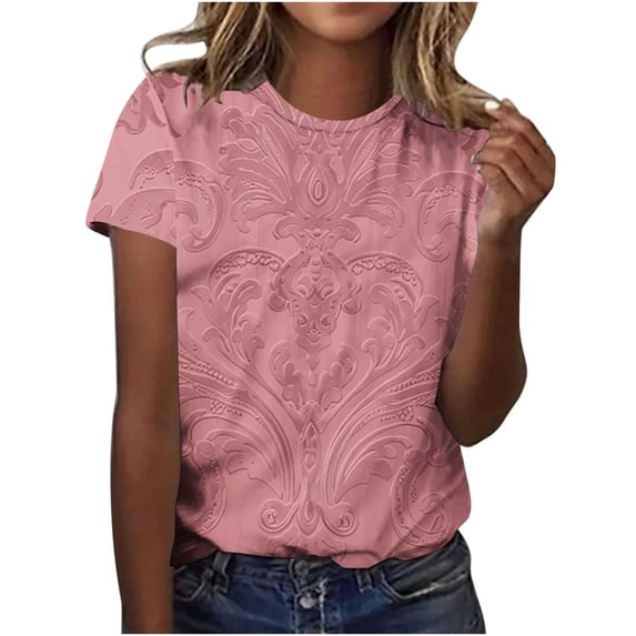 Cmfcve Summer Shirts for Women Round Neck Button Tunic Blouse Short Sleeves Printed Vacation Tee Shirt