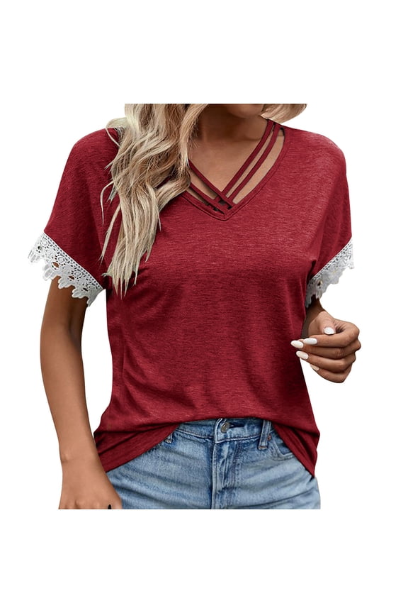 Summer T-Shirts for Women Round Neck Crossover Tie Top Blouse Lace Short Sleeves Casual Tee Shirt