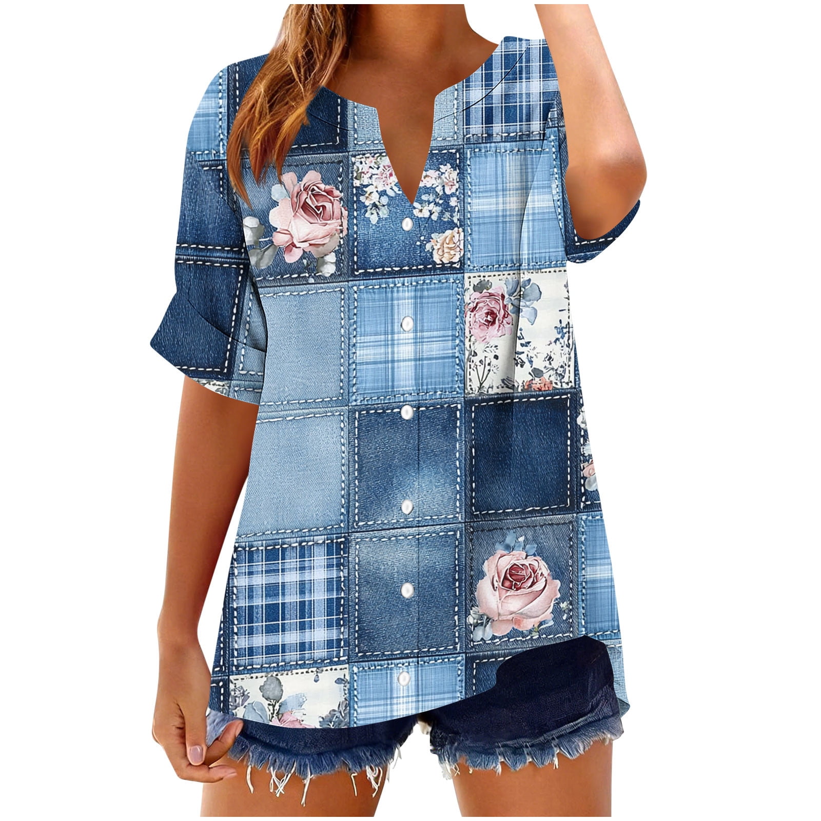 Cmfcve Summer Tops for Women 2026 Cotton Linen Blend Curved Hem Print t ...