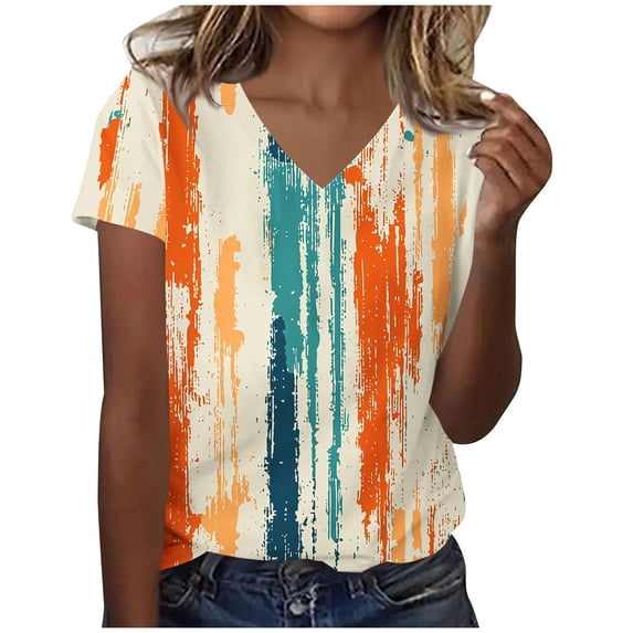 Cmfcve Summer Tops for Women 2026 Cotton Linen Blend Curved Hem Print t Shirt Casual v Neck Short Sleeve Button Down Blouse