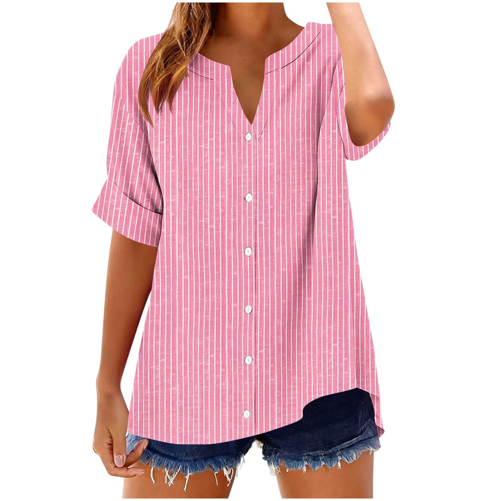 Cmfcve Summer Tops for Women V Neck Cotton Linen Tops Short Sleeve ...