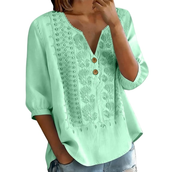 Cmfcve Summer Tops for Women 2026 V Neck 3/4 Sleeve Dressy Casual Blouses Floral Embroidered Cotton T Shirts
