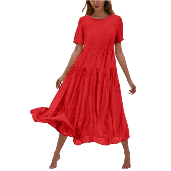 Cmfcve Summer Women's Casual Maxi Dress Short Sleeve Crewneck Dress ,Flowy Tiered Long Dresses