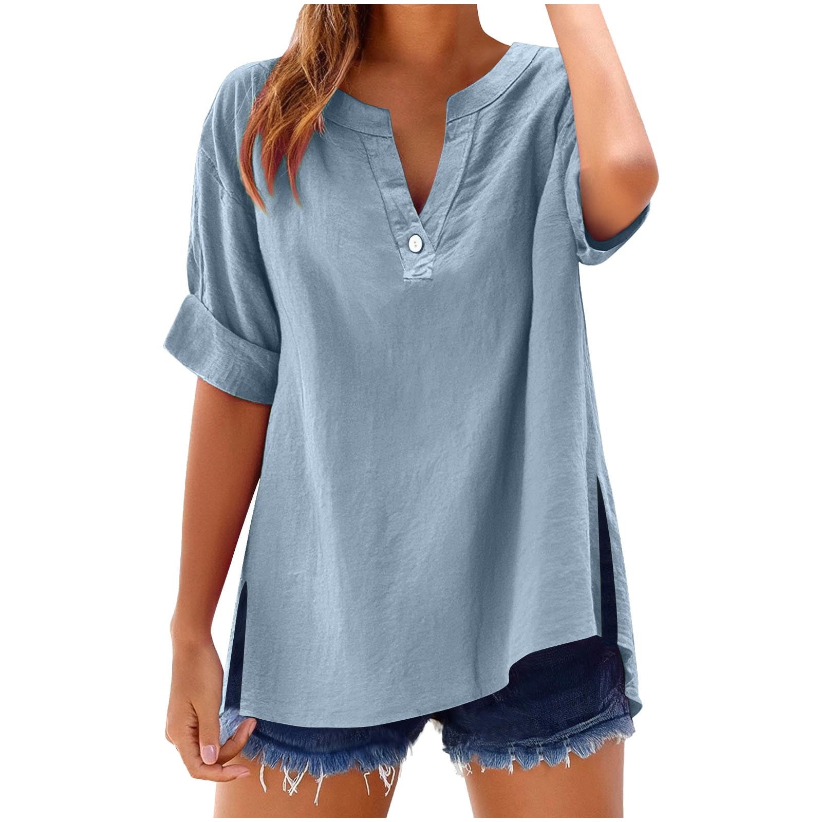 Cmfcve Cotton Linen Shirts for Women Summer Short Sleeve V-Neck Button ...