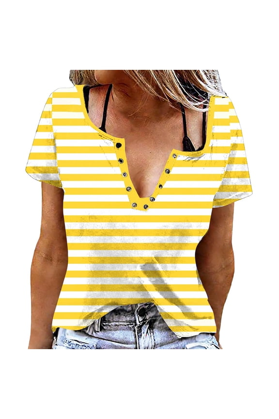 Summer Women's Tops Striped Henley Neck T Shirt Short Sleeve Eyelet Rivet Detail Tops Fashion Slim Fit Tee