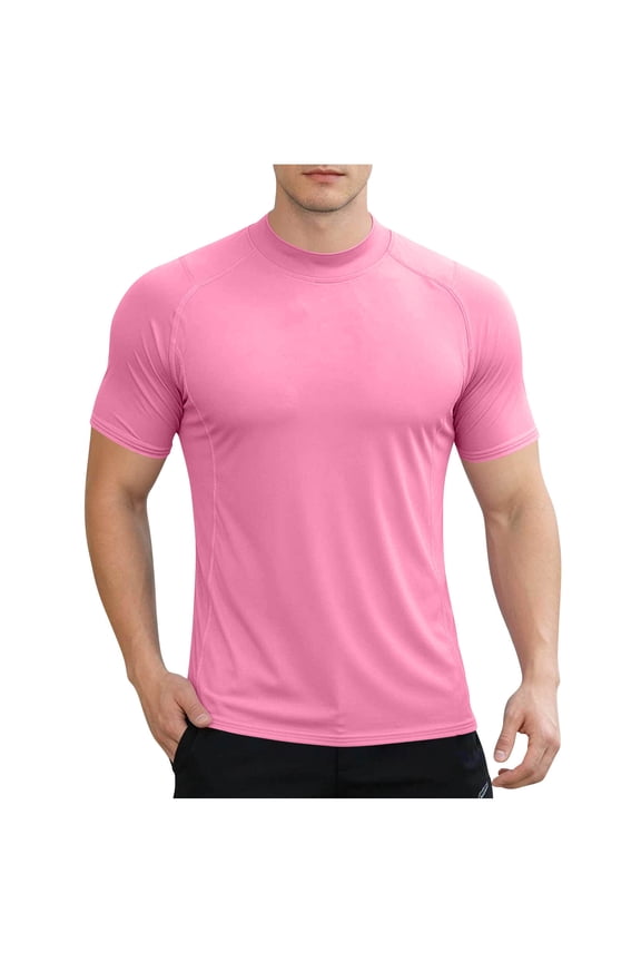 Swim Shirt for Men Short Sleeve Compression T Shirts Quick Dry Athletic Mock Neck Workout Tee