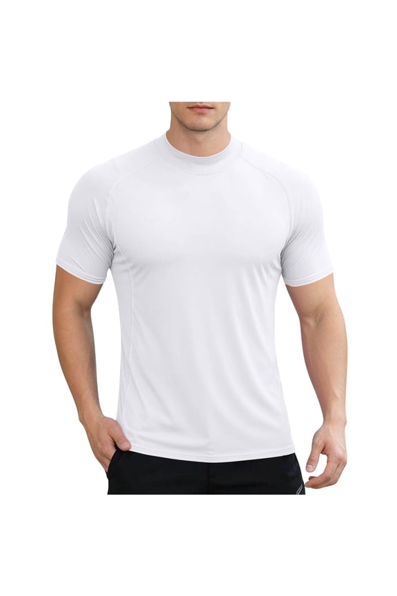 Swim Shirt for Men Short Sleeve Compression T Shirts Quick Dry Athletic Mock Neck Workout Tee