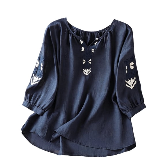 Cmfcve Tops for Women 2026 Cotton Linen T Shirts Retro Plus Size 3/4 Sleeve V Neck Embroidered Blouse