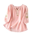 thumbnail image 1 of Cmfcve Tops for Women 2026 Cotton Linen T Shirts Retro Plus Size 3/4 Sleeve V Neck Embroidered Blouse, 1 of 6