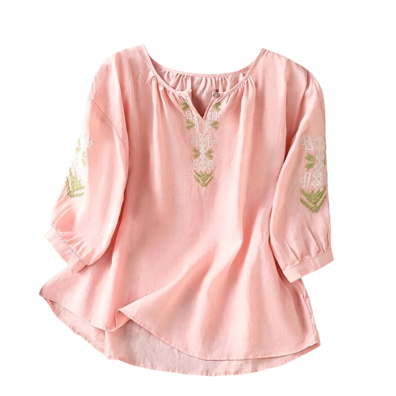 Cmfcve Tops for Women 2026 Cotton Linen T Shirts Retro Plus Size 3/4 Sleeve V Neck Embroidered Blouse