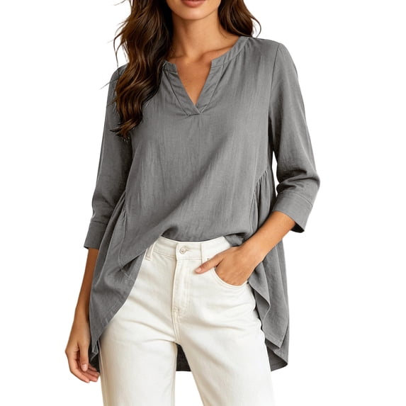 Cmfcve Tunic Tops for Women Cotton Linen Long Sleeve V Neck Blouses Loose Fit Casual Flowy Shirts