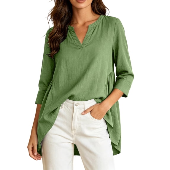 Cmfcve Tunic Tops for Women Cotton Linen Long Sleeve V Neck Blouses Loose Fit Casual Flowy Shirts