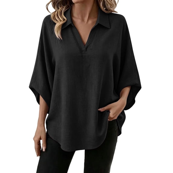 Cmfcve Turn Down Collared Shirts for Women 3/4 Sleeves V Neck Blouses Casual Loose Fit Pullover Summer Tops