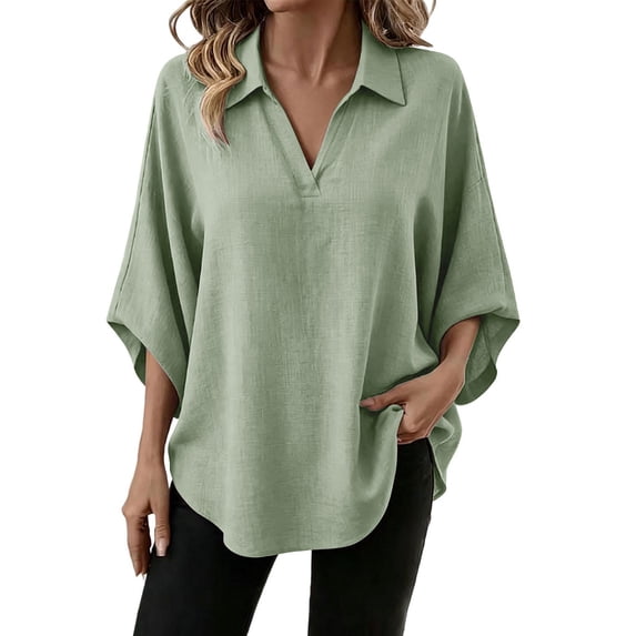 Cmfcve Turn Down Collared Shirts for Women 3/4 Sleeves V Neck Blouses Casual Loose Fit Pullover Summer Tops