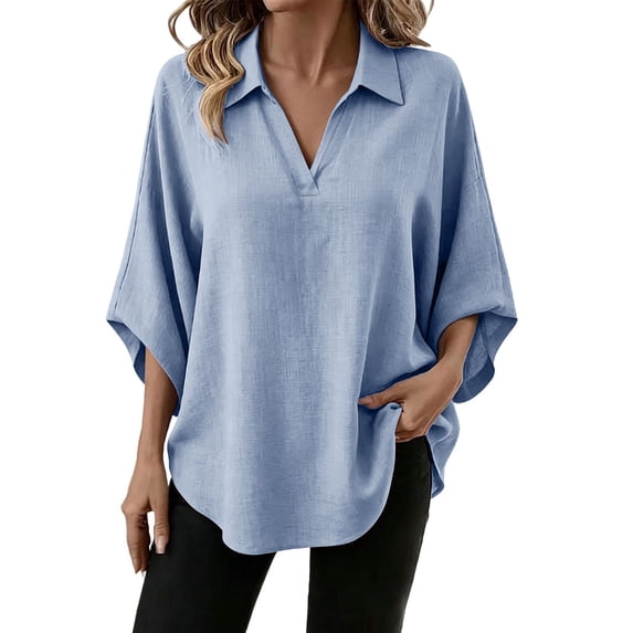 Cmfcve Turn Down Collared Shirts for Women 3/4 Sleeves V Neck Blouses Casual Loose Fit Pullover Summer Tops