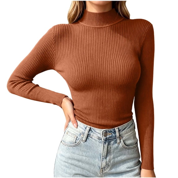 Cmfcve Turtleneck Sweaters for Women Casual Long Sleeve Base Layer Tops Stretchy Slim Fitted Knit Pullover