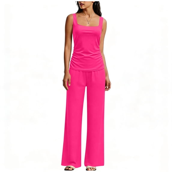 Cmfcve Two Piece Sets for Women Square Neck Tank Top Wide Leg Pants Woman Vacation Travel Summer Outfits