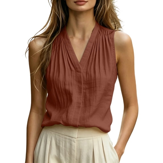 Cmfcve V Neck Tank Tops for Women Cotton Pleated Front Sleeveless Blouse Dressy Casual Lightweight Summer Shirts