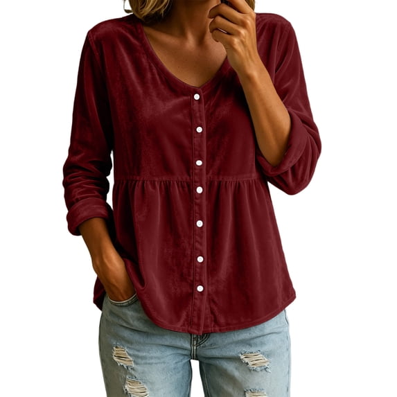 Cmfcve Velour Blouses for Women Button Front Long Sleeve Shirts v Neck Casual Spring & Fall Tops