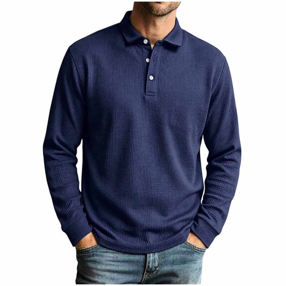Cmfcve Waffle Lapel Collar Shirts for Men Business Casual Long Sleeve Tops Fall Solid Color Layering Shirts