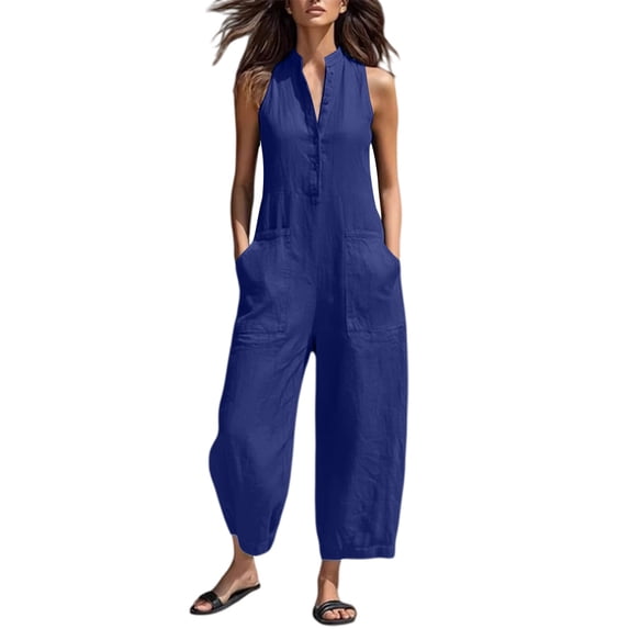 Cmfcve Wide Leg Jumpsuits for Women Sleeveless Stand Collar Half Button Up Linen Pants Loose Casual Long Overalls with Pockets