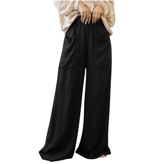 Cmfcve Wide Leg Pants for Woman Casual Baggy Stretch Hiking Pants Elastic Waist Straight Cotton Linen Trousers with Pockets