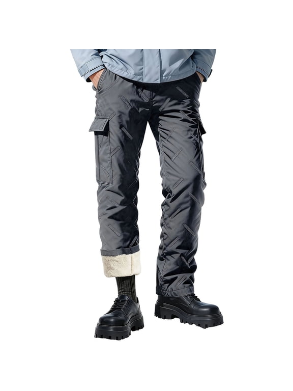 Winter Fleece Cargo Pants for Men Thick Warm Fleece Lined Straight Leg Outdoor Work Pants