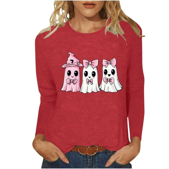 Cmfcve Woman Halloween Sweatshirt Vintage Printed Sports Shirt Crew Neck Long Sleeve Pullover Undershirts