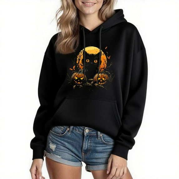 Cmfcve Woman & Men Halloween Top Black Cat Pumpkin Vintage Sweatshirt Long Sleeve Spooky Season Pullover Hoodies