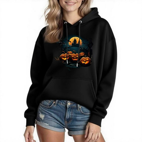 Cmfcve Woman & Men Halloween Town Hoodies Black Cat Pumpkin Sweatshirt Top Vintage Long Sleeve Spooky Season Pullover