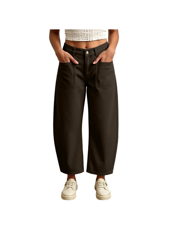 Women Cropped Barrel Pants Button Zipper Fly Wide Leg Cropped Trousers Casual Loose Fit Ankle Length High Waist Work Pants