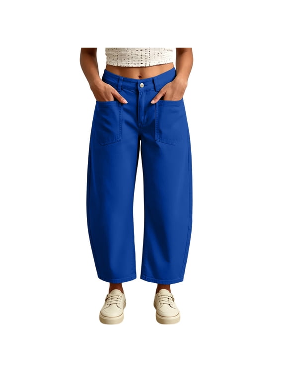 Women Cropped Barrel Pants Button Zipper Fly Wide Leg Cropped Trousers Casual Loose Fit Ankle Length High Waist Work Pants