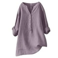 thumbnail image 1 of Cmfcve Linen Shirts Women Plus Size Gauze Tops 3/4 Length Sleeve Round Neck Button Down Blouse, 1 of 6