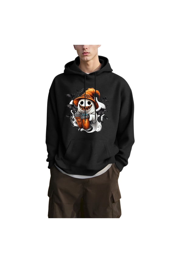 Women & Men Spooky Sweatshirt Halloween Long Sleeve Warm Hoodies Drawstring Printed Hooded Sweat Shirt with Pocket