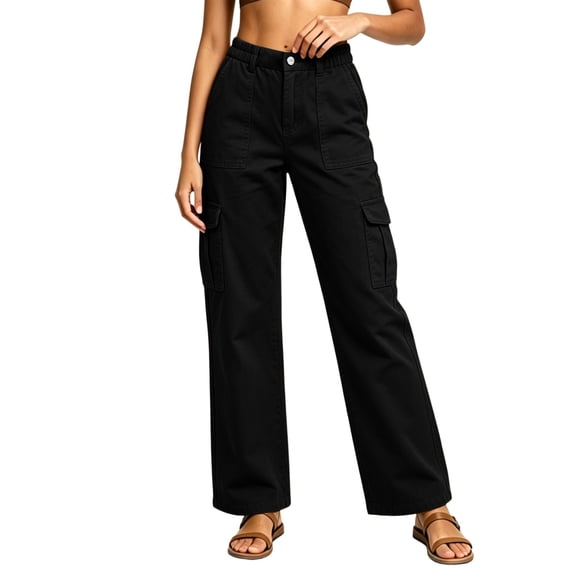 Cmfcve Women Pants High Waisted Cargo Pants Stretchy Straight Wide Leg Casual Trousers with Pockets