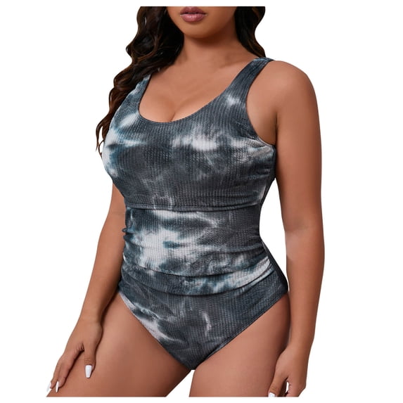 Cmfcve Women Plus Size One Piece Swimsuit Athletic Tummy Control Ruched Ribbed Printed Bathing Suit with U Back