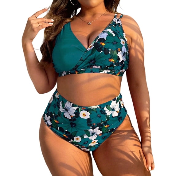 Cmfcve Women Plus Size Two Piece Swimsuits High Waisted Floral Bikini Set Tummy Control Bathing Suits with Bottom