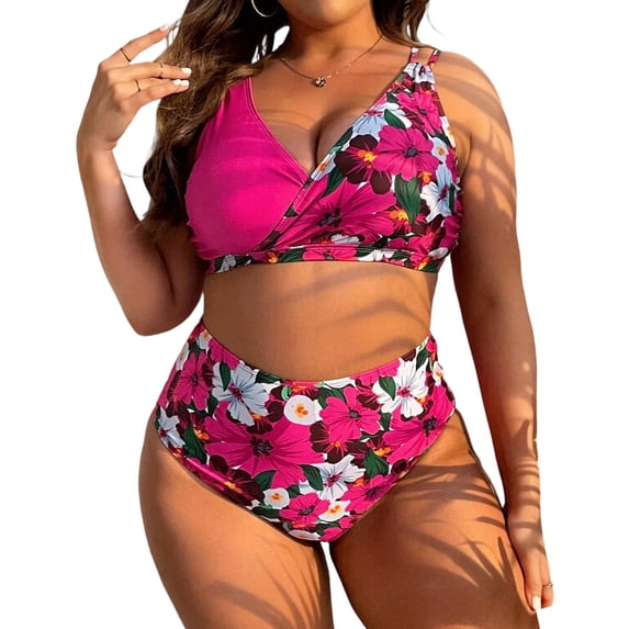 Cmfcve Women Plus Size Two Piece Swimsuits High Waisted Floral Bikini Set Tummy Control Bathing Suits with Bottom