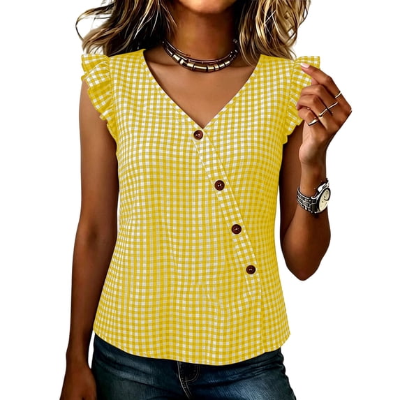 Cmfcve Women Sleeveless Tank Top V Neck Plaid Ruffle Button Front Shirts Vintage Casual Summer Gingham Blouse