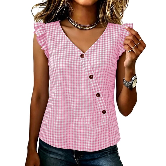 Cmfcve Women Sleeveless Tank Top V Neck Plaid Ruffle Button Front Shirts Vintage Casual Summer Gingham Blouse