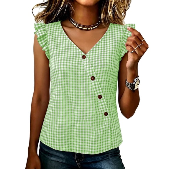 Cmfcve Women Sleeveless Tank Top V Neck Plaid Ruffle Button Front Shirts Vintage Casual Summer Gingham Blouse