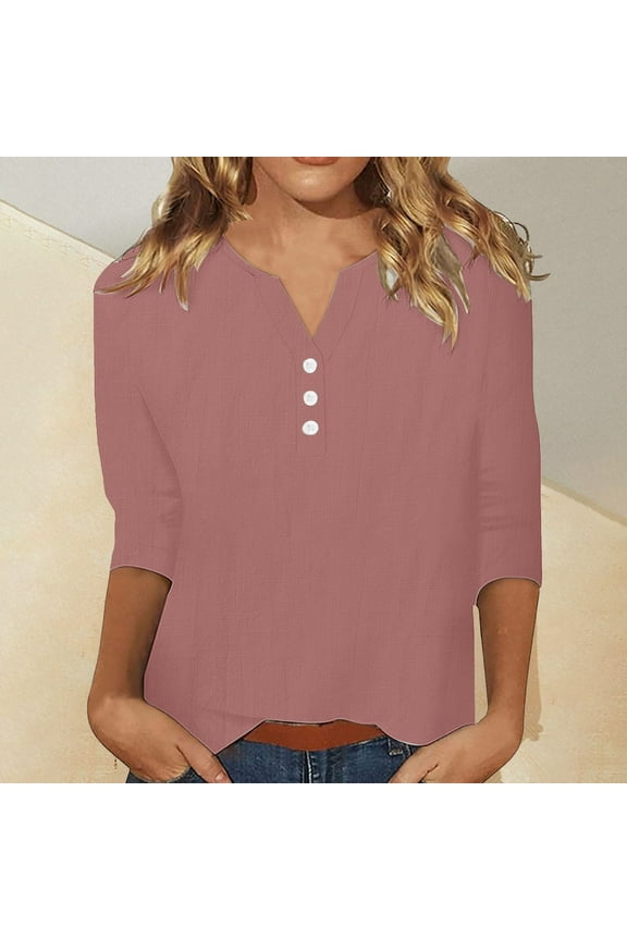 Women's Pink V Neck Button Cotton Linen Tshirts 3/4 Length Sleeve Tee Shirt Plus Size Summer Tunic Blouse Tops