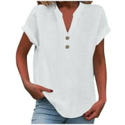 Cmfcve Linen Shirt for Women Summer Button Down Short Sleeve V Neck Tops Solid Color Comfy Blouses Casual Dressy Tunic Top