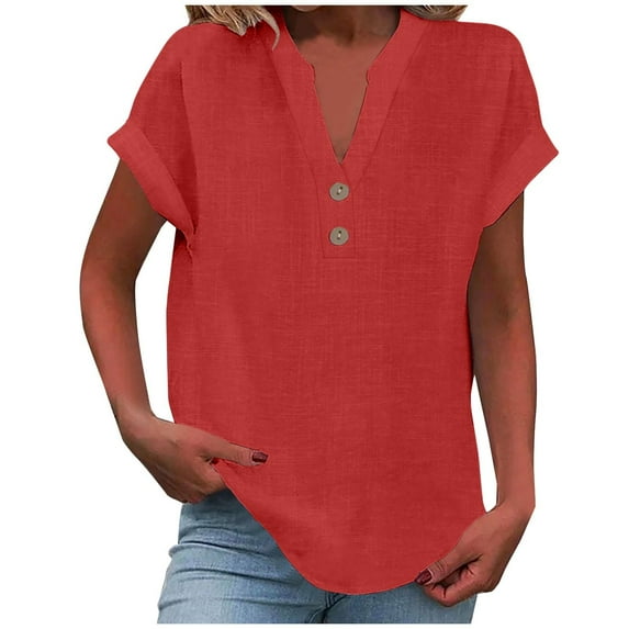Cmfcve Linen Shirt for Women Summer Button Down Short Sleeve V Neck Tops Solid Color Comfy Blouses Casual Dressy Tunic Top